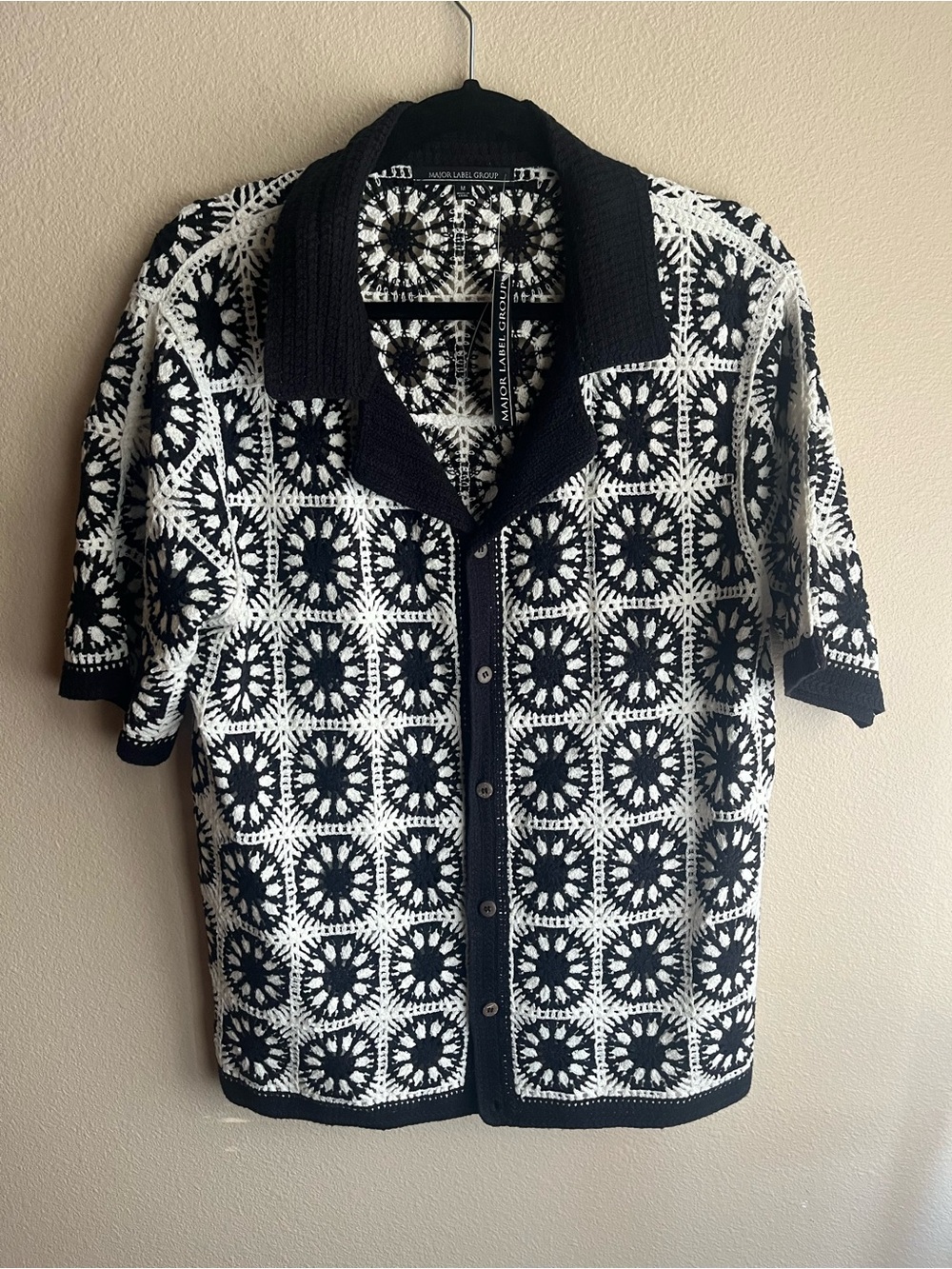 Black & White Crochet Knit Short-Sleeve Cardigan Sweater